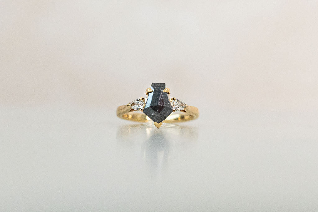 salt and pepper diamond ring in a double talon claw setting