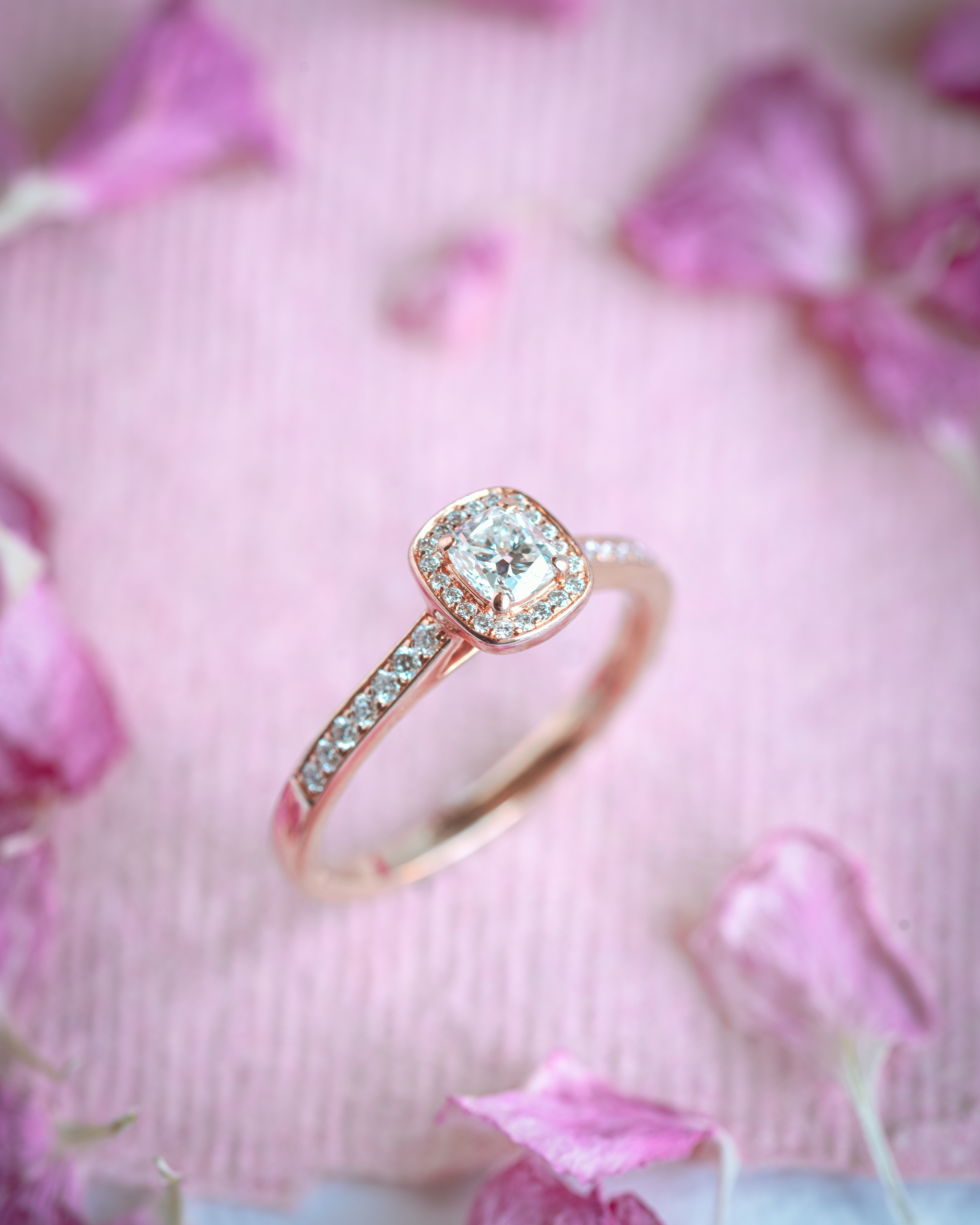 18ct Rose Gold Cushion Diamond Halo Solitaire Ring